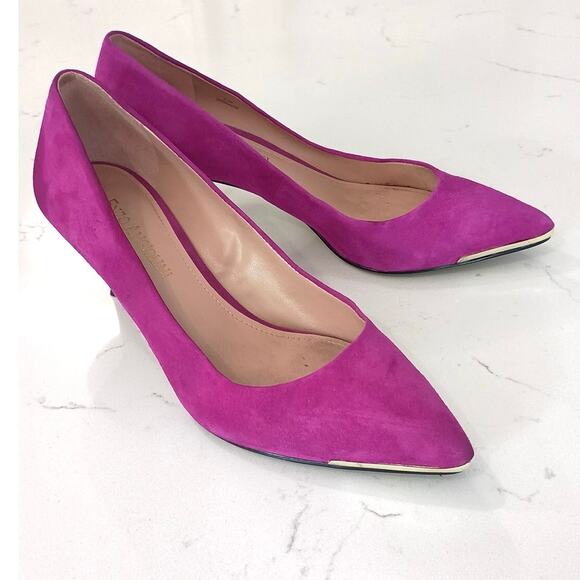 Enzo Angiolini Barbiecore Fushia suede kitten pump 6.5 W gold accent Glam chic - Picture 1 of 9